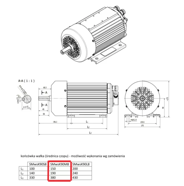 Silnik elektryczny 3-fazowy 2.3kW rysunek z wymiarami