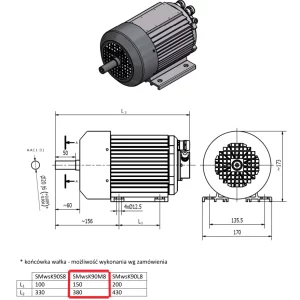 SIlnik elektrzyczny 3-fazowy 5kW - rysunek w wymiarami