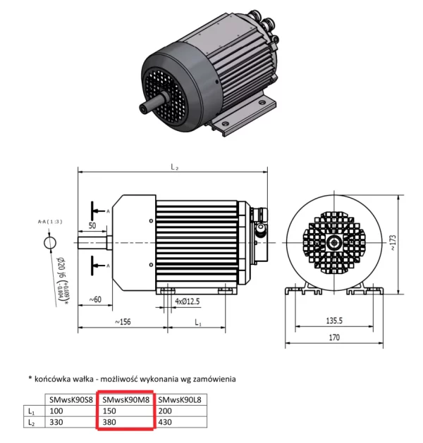 SIlnik elektrzyczny 3-fazowy 5kW - rysunek w wymiarami